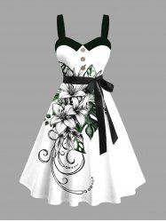 Plus Size Flower Leaf Branch Curve Print Hawaii Button A Line Dress with Removable Belt -  