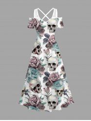 Robe longue hawaïenne à imprimé de têtes de mort et de roses, épaules dénudées et croisée, grande taille - Blanc 6X