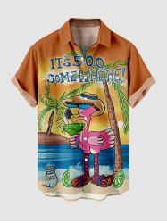 Plus Size Coconut Tree Flamingo Seascape Fruit Juice Print Buttons Pocket Hawaii Shirt For Men -  