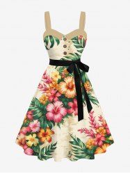 Plus Size Tropical Leaf Hibiscus Flower Print Hawaii Button A Line Dress with Removable Belt -  
