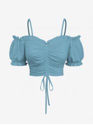 Haut uni à épaules dénudées et manches bouffantes grande taille - Bleu-gris XS