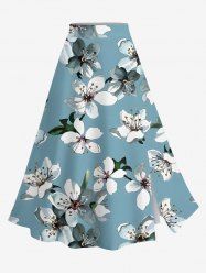 Jupe trapèze fendue hawaïenne à imprimé fleurs et feuilles grande taille - Bleu-gris XS