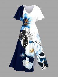 Robe midi trapèze grande taille à imprimé fleurs et feuilles hawaïennes avec poches fendues - Bleu profond 3X