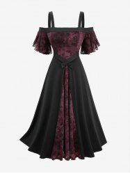 Robe Vintage Grande Taille avec Flocage de Fleurs Roses, Patchwork, Volants et Épaules Dénudées - Noir 4X | US 26-28
