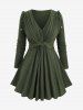 Solid Color Cinched Twisted Sweater and Pintuck Buckle Waist Wide Leg Pants Plus Size Outfit -  