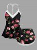 Valentines Rose Flower Vine Printed Lace Trim Crochet Pajama Top and Short Plus Size Matching Set -  