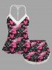 Haut de pyjama nuisette grande taille à imprimé graffiti cœurs et bordure en dentelle, avec bretelles, idéal pour la Saint-Valentin. - Noir XL