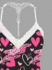 Haut de pyjama nuisette grande taille à imprimé graffiti cœurs et bordure en dentelle, avec bretelles, idéal pour la Saint-Valentin. - Noir XL