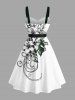 Plus Size Flower Leaf Branch Curve Print Hawaii Button A Line Dress with Removable Belt -  