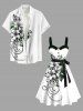 Plus Size Flower Leaf Branch Curve Print Hawaii Button A Line Dress with Removable Belt -  