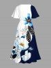 Robe midi trapèze grande taille à imprimé fleurs et feuilles hawaïennes avec poches fendues - Bleu profond 3X