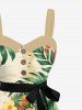 Plus Size Tropical Leaf Hibiscus Flower Print Hawaii Button A Line Dress with Removable Belt -  
