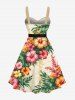 Plus Size Tropical Leaf Hibiscus Flower Print Hawaii Button A Line Dress with Removable Belt -  