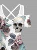 Robe longue hawaïenne à imprimé de têtes de mort et de roses, épaules dénudées et croisée, grande taille - Blanc 6X