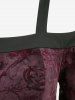 Robe Vintage Grande Taille avec Flocage de Fleurs Roses, Patchwork, Volants et Épaules Dénudées - Noir 4X | US 26-28