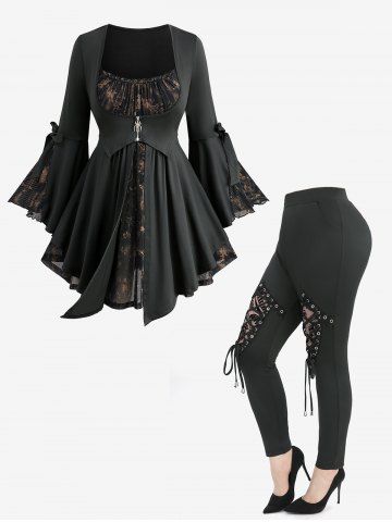 Ensemble 2 en 1 : haut à imprimé floral avec nœud papillon et manches évasées, et legging floqué à lacets (grandes tailles). - BLACK