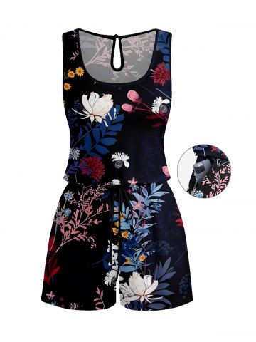 Plus Size Tropical Leaf Branch Flower Print Hawaii Drawstring Pocket Romper - BLACK - XXS