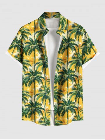 Plus Size Coconut Tree Print Buttons Pocket Hawaii Shirt For Men - YELLOW - M