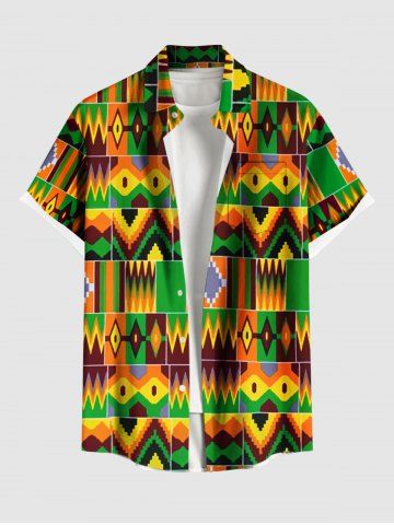 Plus Size Ethnic Pattern Print Buttons Pocket Shirt For Men - GREEN - 4XL