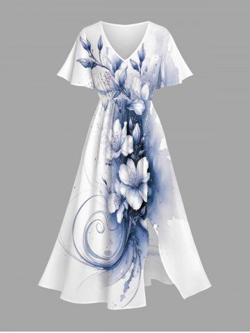 Plus Size Flowers Paint Splatter Print Split Hawaii Midi Dress - WHITE - L