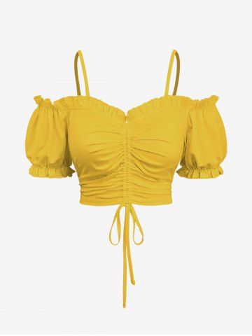 Plus Size Cinched Ruched Ruffles Cold Shoulder Cami Top - YELLOW - 5X