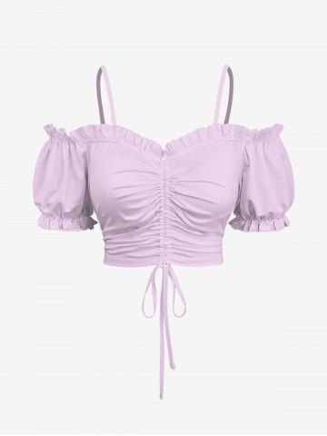 Plus Size Cinched Ruched Ruffles Cold Shoulder Cami Top - LIGHT PURPLE - 5X