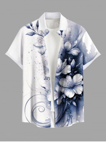 Chemise hawaïenne grande taille pour homme, à imprimé floral et éclaboussures de peinture, boutons et poche. - BLUE GRAY - M