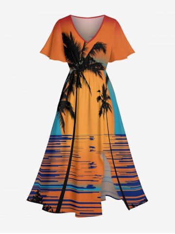 Robe midi fendue hawaïenne à imprimé cocotier et coucher de soleil sur la mer, grande taille - ORANGE - 4X