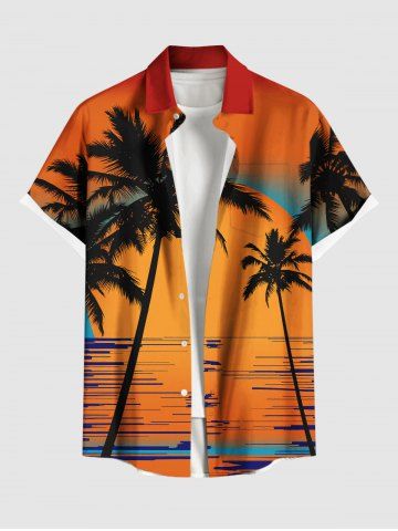Plus Size Coconut Tree Sunset Sea Print Buttons Pocket Hawaii Shirt For Men - ORANGE - 6XL