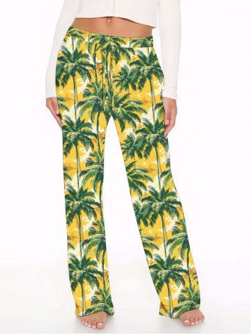 Pantalon hawaïen à jambes larges, imprimé cocotier, grande taille et cordon de serrage - YELLOW - M