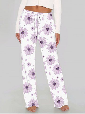 Pantalon hawaïen à jambes larges, imprimé marguerites, grande taille et cordon de serrage - LIGHT PURPLE - 1X