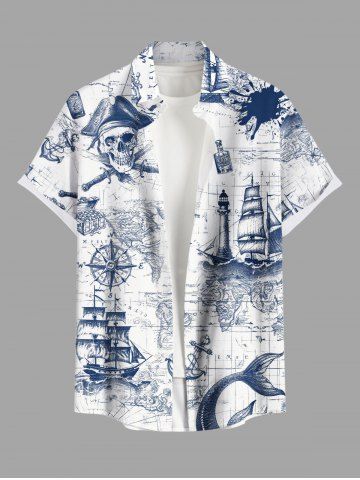 Plus Size Skull Pirate Ship Rudder Map Cruise Print Buttons Pocket Hawaii Shirt For Men - BLUE - 6XL