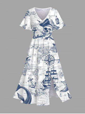 Robe midi fendue à imprimé carte de croisière et tête de mort de bateau pirate grande taille, style hawaïen - BLUE - 4X