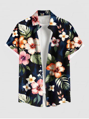 Chemise à poches boutons grande taille pour homme, imprimée de fleurs d'hibiscus et de feuilles tropicales, style hawaïen. - BLACK - 4XL