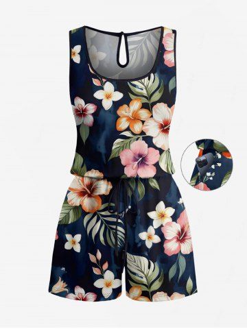 Combinaison hawaïenne grande taille à imprimé de feuilles tropicales et d'hibiscus, avec cordon de serrage et poches. - BLACK - L