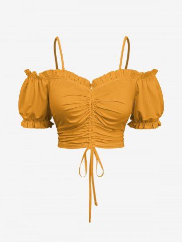 Haut uni à épaules dénudées et manches bouffantes grande taille - YELLOW - 1X