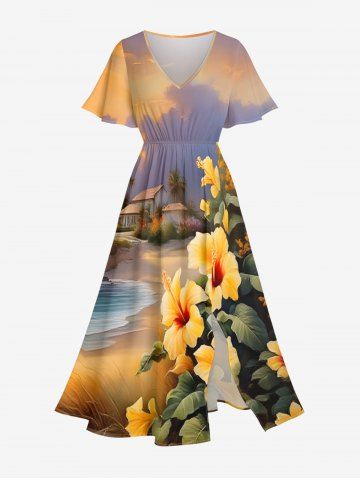 Plus Size Tropical Leaf Hibiscus Flower Sea Beach House Print Hawaii Split Pocket A Line Midi Dress