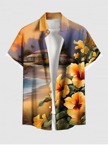 Plus Size Tropical Leaf Hibiscus Flower Sea Beach House Print Hawaii Button Pocket Shirt For Men