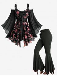 Ensemble 2 en 1 grande taille : haut ceinturé à imprimé floral rose et pantalon évasé uni à lacets et passepoil contrastant. - Noir 