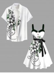 Flower Leaf Branch Curve Print Plus Size Matching Hawaii Beach Outfit For Couples -  