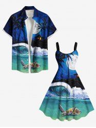 Turtle Sea Wave Coconut Tree Moon Ombre Galaxy Print Plus Size Matching Hawaii Beach Outfit For Couples -  