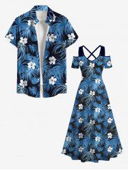 Ensemble de plage hawaïen assorti grande taille à imprimé fleurs et feuilles de cocotier pour couples - Bleu 
