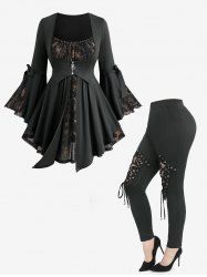 Flowers Print Bowknot Flare Sleeve 2 In 1 Top and Lace Up Flocking Leggings Plus Size Outfit -  