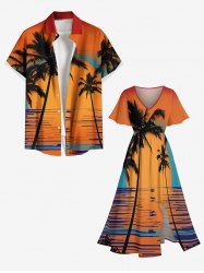 Coconut Tree Sunset Sea Print Plus Size Matching Hawaii Beach Outfit For Couples -  