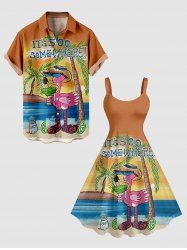Ensemble de plage hawaïen assorti grande taille pour couples, motif cocotier, flamant rose et paysage marin, imprimé jus de fruits - Orange 