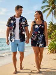 Matching Hawaii Shirt and Romper Plus Size Beach Outfit Tropical Leaf Branch Flower Print For Couples -  