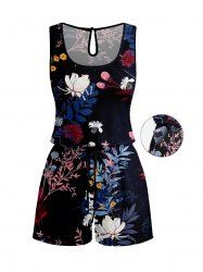 Plus Size Tropical Leaf Branch Flower Print Hawaii Drawstring Pocket Romper -  