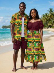 Ethnic Pattern Print Plus Size Matching Hawaii Beach Outfit For Couples -  