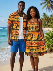 Sun Dog Ethnic Pattern Print Plus Size Matching Hawaii Beach Outfit For Couples -  
