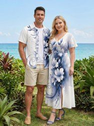 Flowers Paint Splatter Print Plus Size Matching Hawaii Beach Outfit For Couples -  